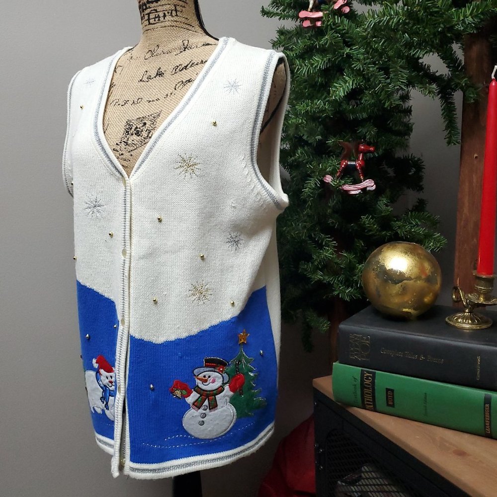 Vintage WHITE STAG Large Blue Cream Metallic Snowmen Ugly Christmas Sweater Vest